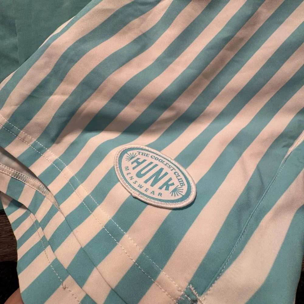 Hunk‎ Swimsuit Set Shirt Board Shorts Mens Medium Blue Polyester Striped 2 Piece